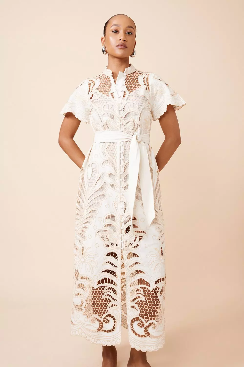 Linen Cutwork Embroidery Woven Midi Dress | Karen Millen