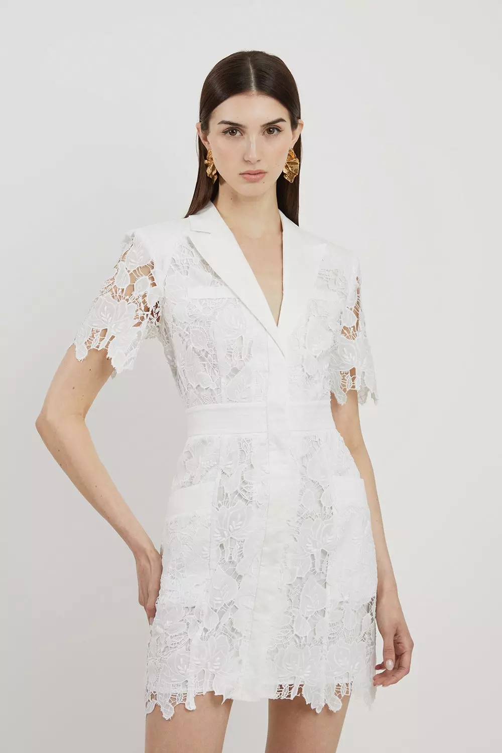 Lace And Embroidered Sharp Shoulder Woven Mini Shirt Dress Karen Millen