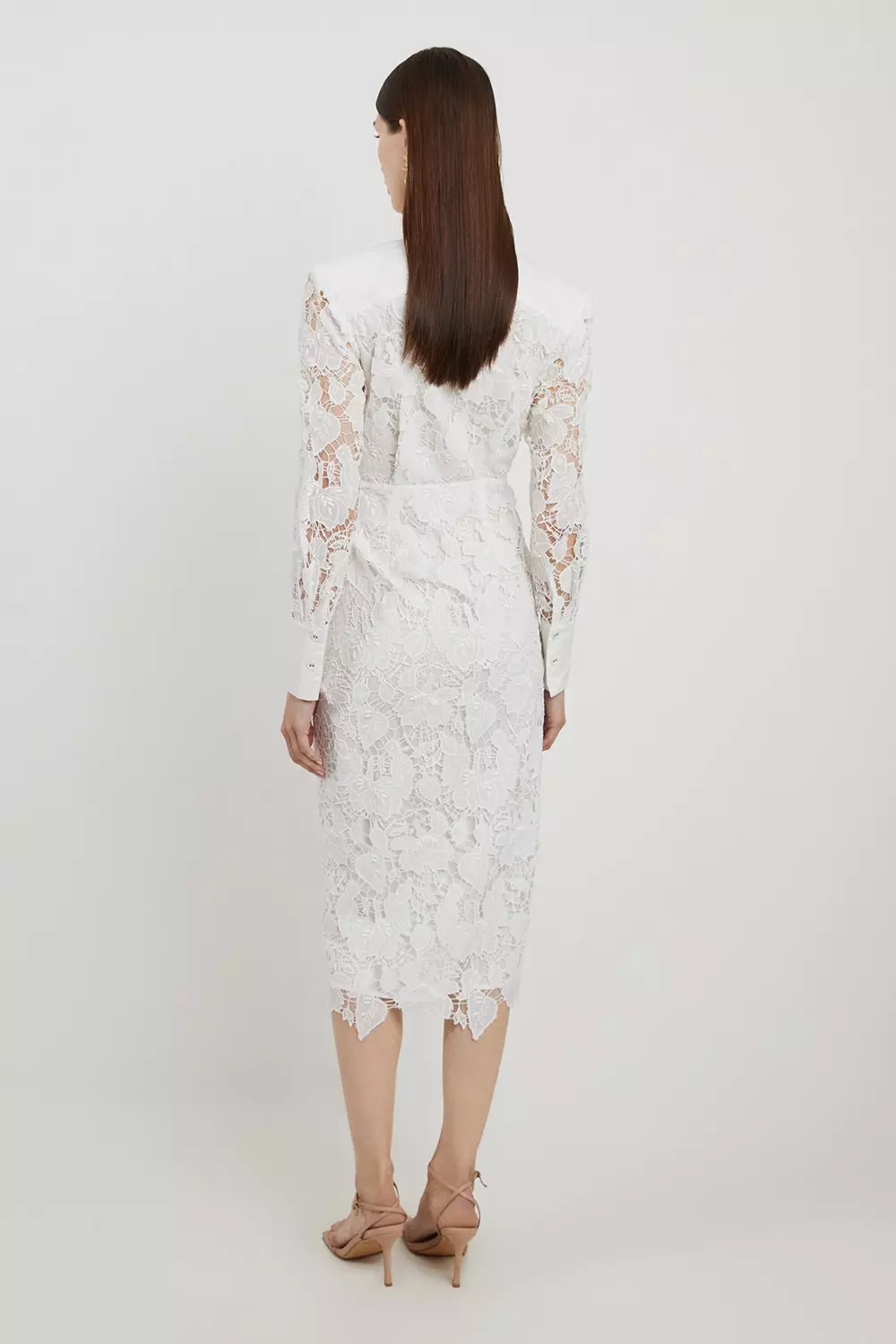 Lace And Embroidered Sharp Shoulder Woven Midi Shirt Dress Karen Millen