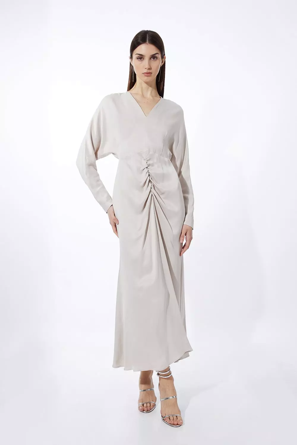 Viscose Satin Batwing Long Sleeve Midi Dress | Karen Millen