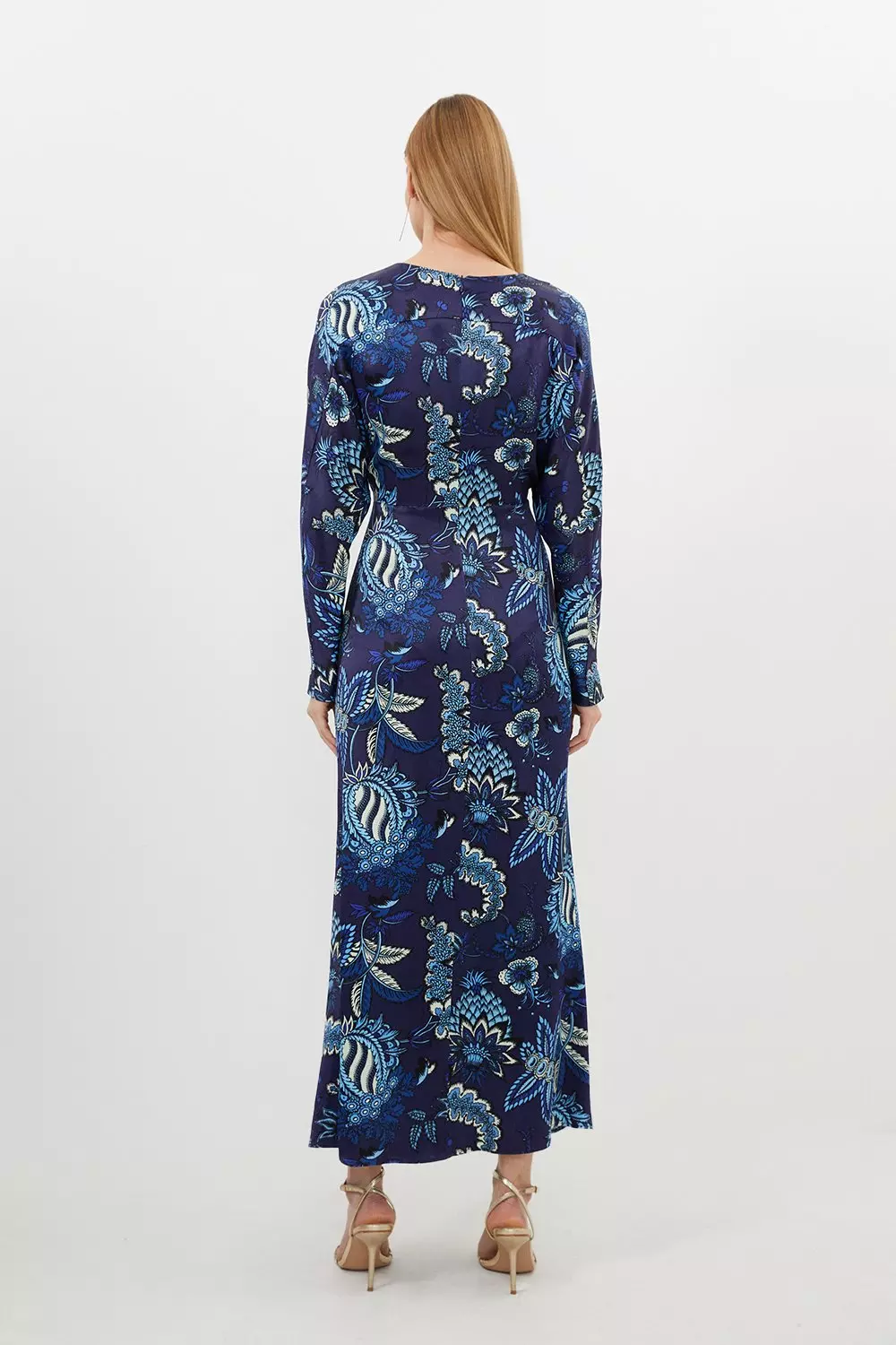 Floral Print Viscose Satin Batwing Long Sleeve Midi Dress