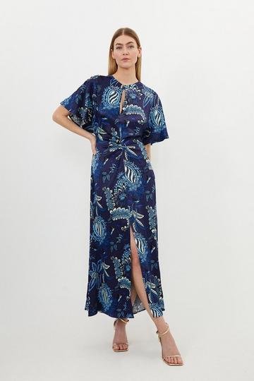 Blue Floral Print Viscose Satin Batwing Midi Dress