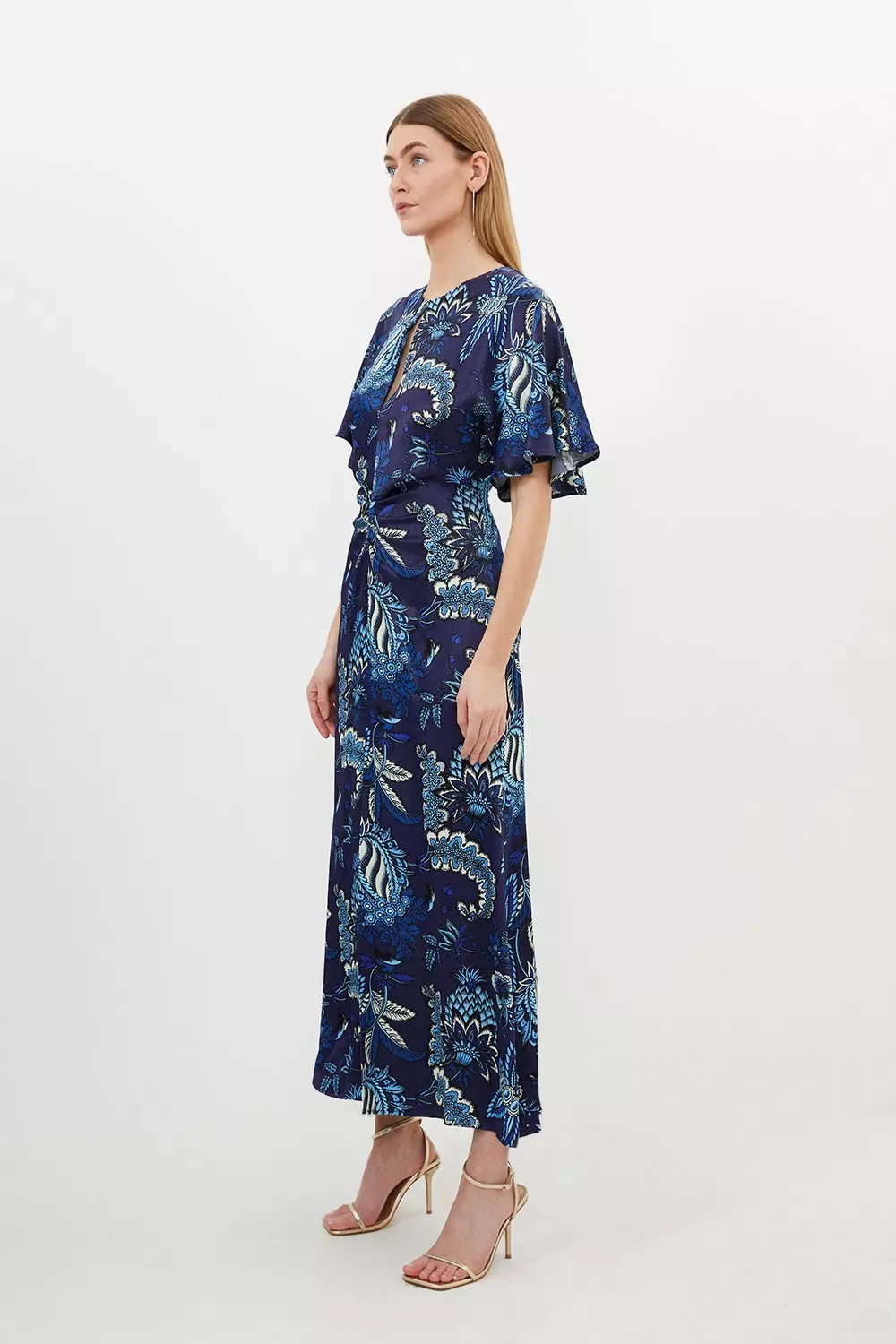 Floral Print Viscose Satin Batwing Midi Dress Karen Millen