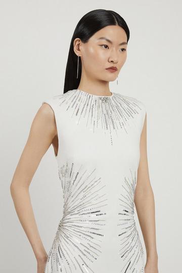 Beaded And Embellished Ponte Jersey Midi Dress ivory