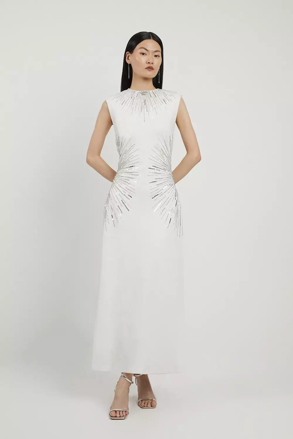 Beaded And Embellished Ponte Jersey Sleeveless Midi Dress