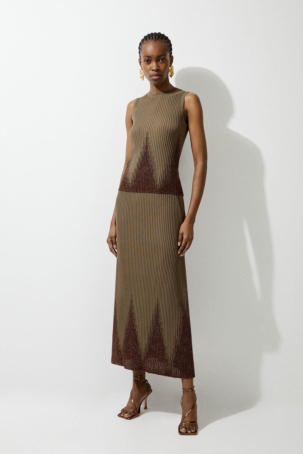 Light khaki Viscose Blend Shimmer Knit Skirt Co-Ord