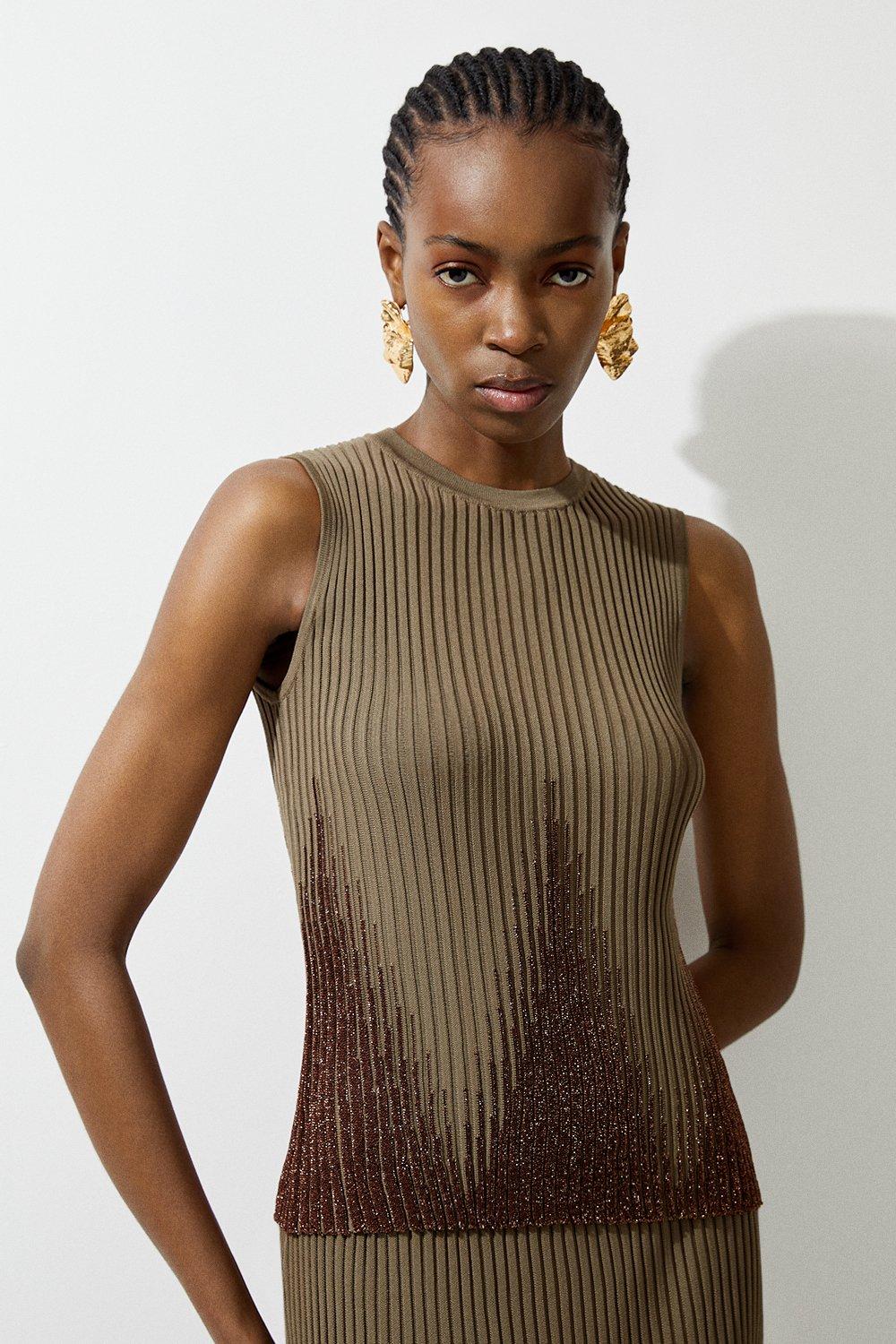 Light khaki Viscose Blend Shimmer Knit Top Co-ord