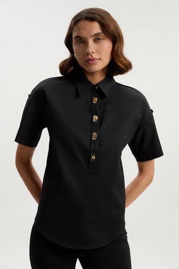Black Techno Cotton Woven Short Sleeve Hardwear Detail Shirt