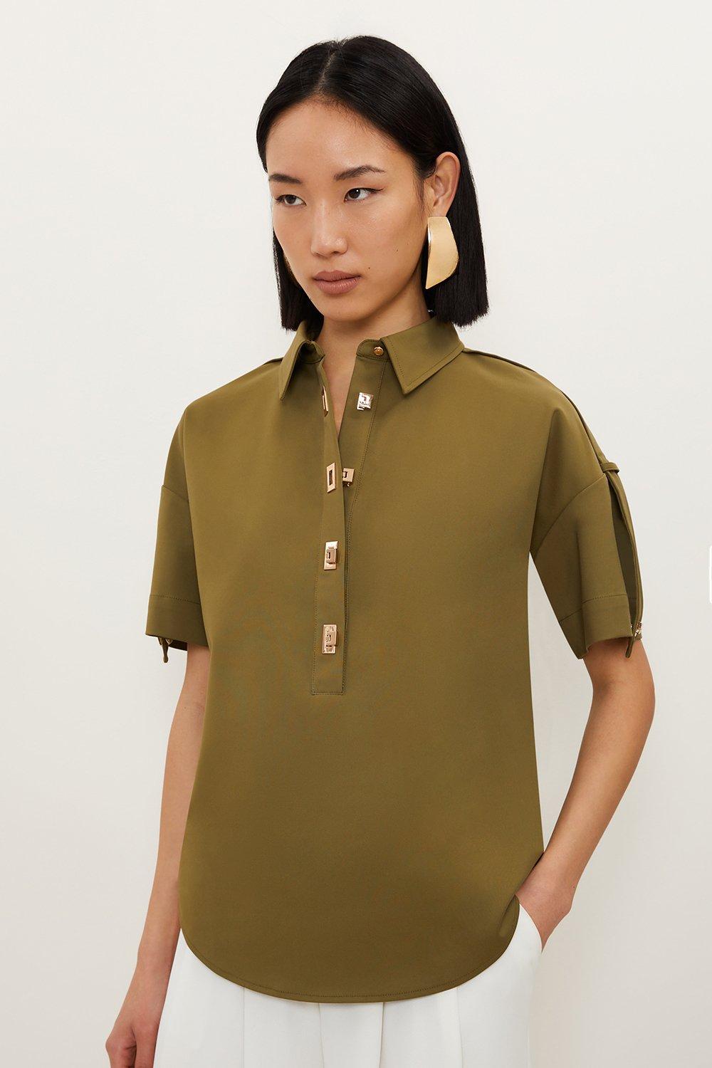 Khaki Techno Cotton Woven Short Sleeve Hardwear Detail Shirt