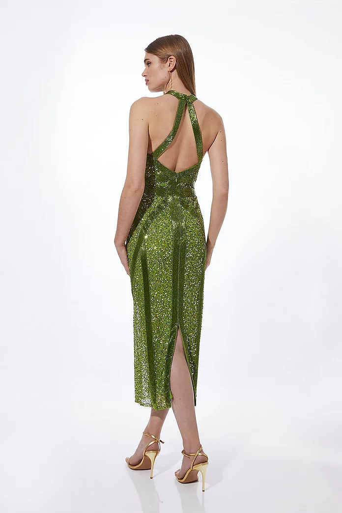 Embellished Woven Halter Midi Dress | Karen Millen Embellished Woven Halter Midi Dress | Karen Millen
