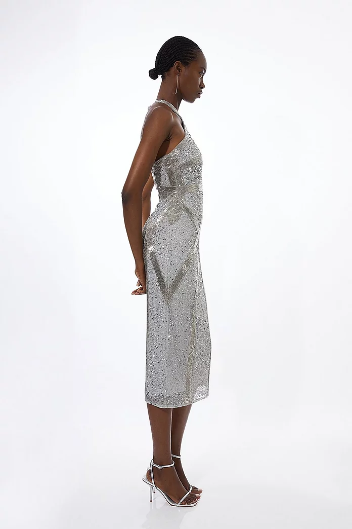 Petite Embellished Woven Halter Midi Dress | Karen Millen Petite Embellished Woven Halter Midi Dress | Karen Millen