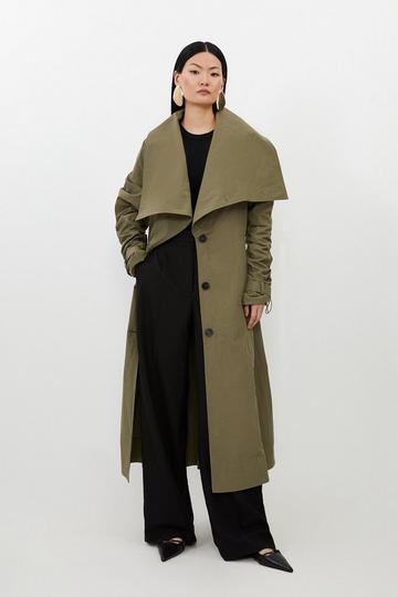 Tailored Asymmetric Collar Relaxed Fit Belted Coat khaki