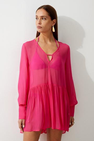 Hot-pink Pink Viscose Georgette Woven Beach Mini Dress