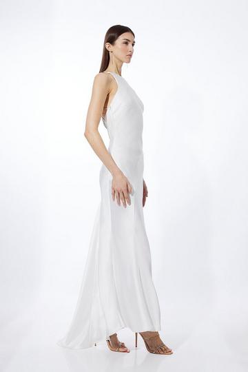 Heavy Satin Diamante Detail Halter Maxi Dress ivory