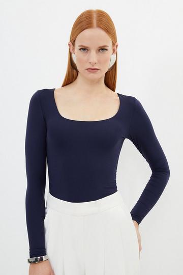Navy Contour Jersey Square Neck Long Sleeve Top