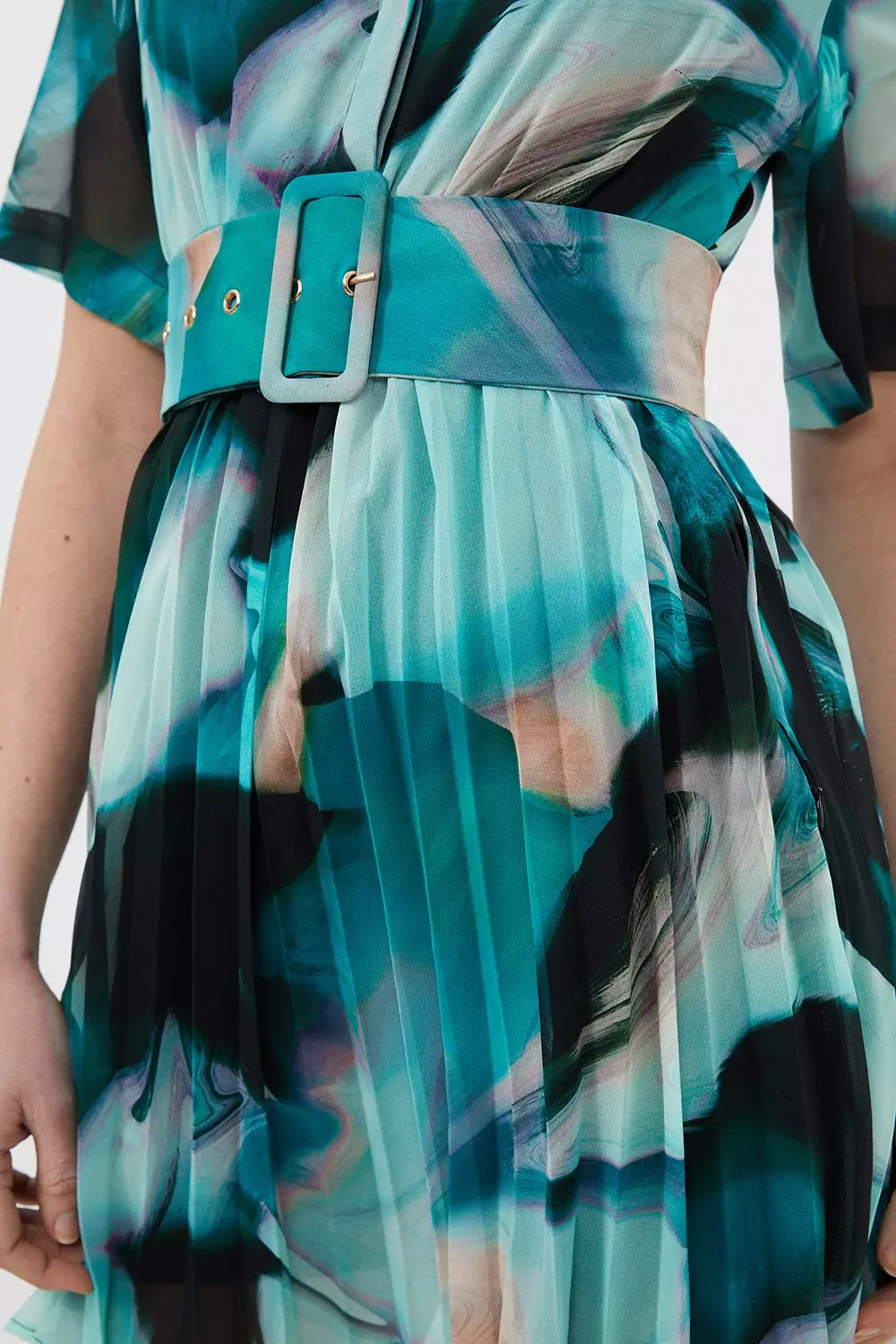 Marble Georgette Pleated Mini Shirt Dress | Karen Millen