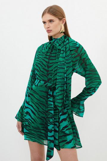 Wild Tiger Printed Georgette Woven Belted Mini Dress green