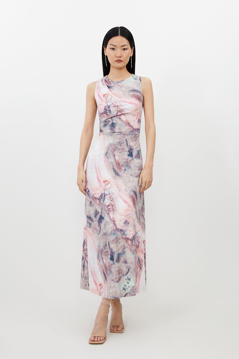 Marble Print Jersey Sleeveless Maxi Dress