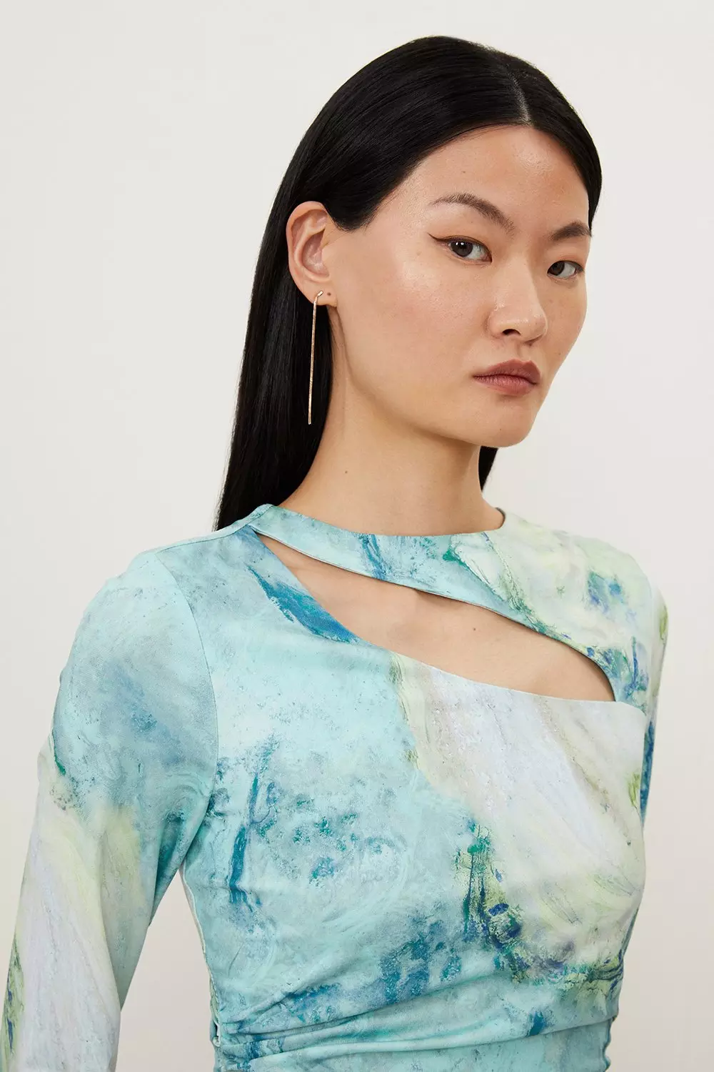 Marble Print Jersey Slash Cutout Long Sleeve Top | Karen Millen