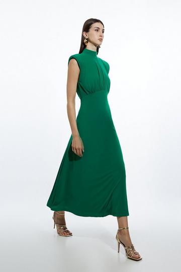 Green Drapey Crepe Jersey Corset Detail Maxi Dress