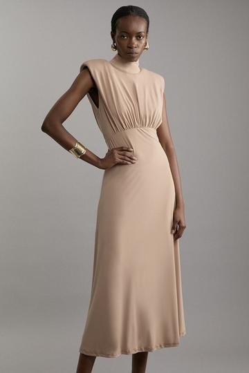 Drapey Crepe Jersey Corset Detail Maxi Dress sand