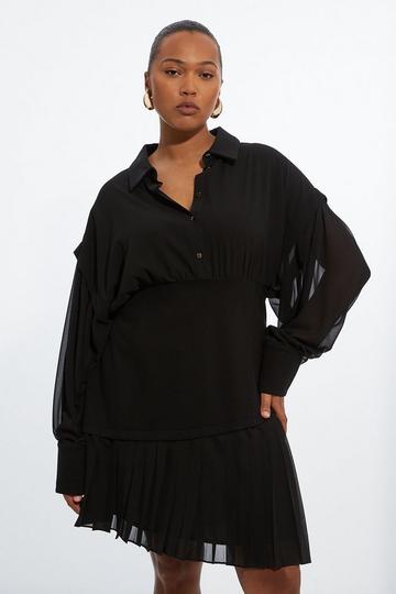 Black Plus Size Jersey And Georgette Mix Pleated Mini Shirt Dress