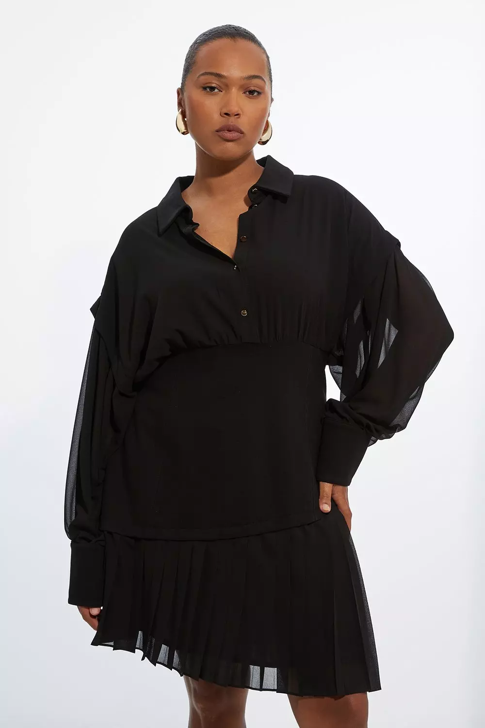 Black Plus Size Jersey And Georgette Mix Pleated Mini Shirt Dress alternative image