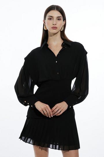 Jersey And Georgette Mix Pleated Mini Shirt Dress black