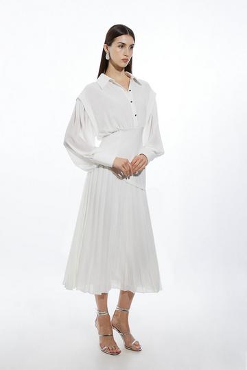 Petite Jersey And Georgette Mix Pleated Maxi Shirt Dress ivory