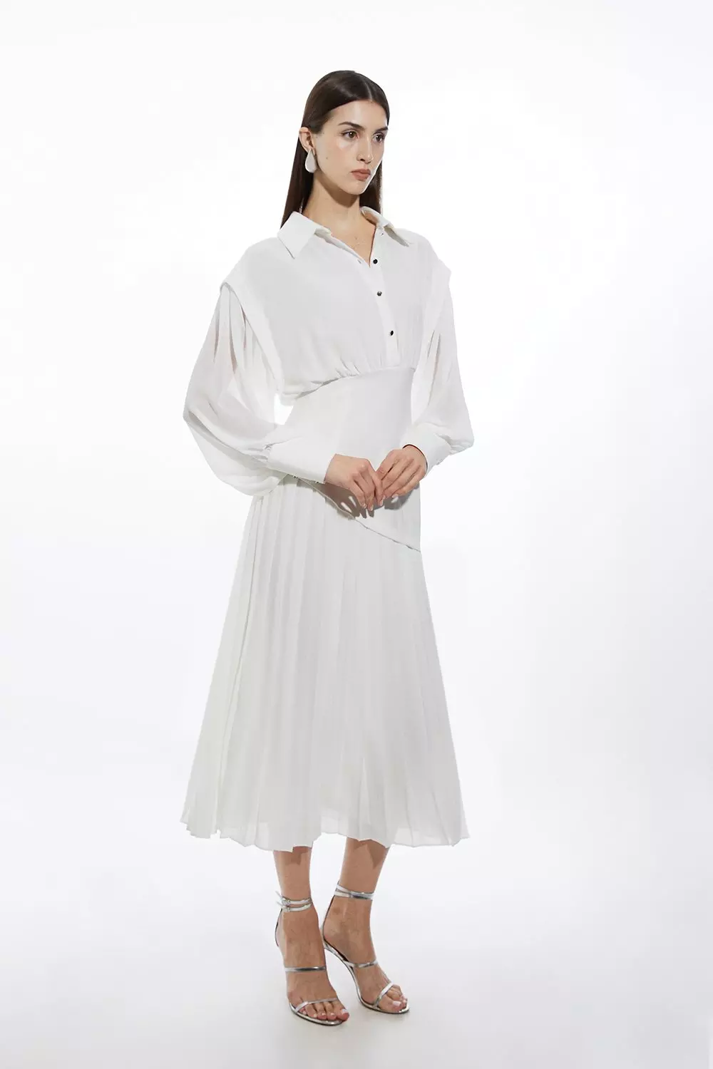 Karen Millen Womens Petite Jersey and Georgette Mix Pleated Midi Shirt Dress Ivory Size Xs
