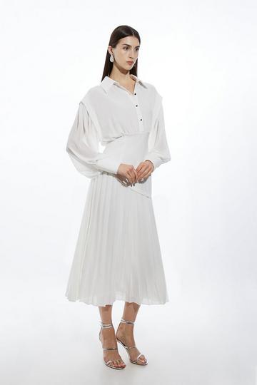 Jersey And Georgette Mix Pleated Maxi Shirt Dress ivory