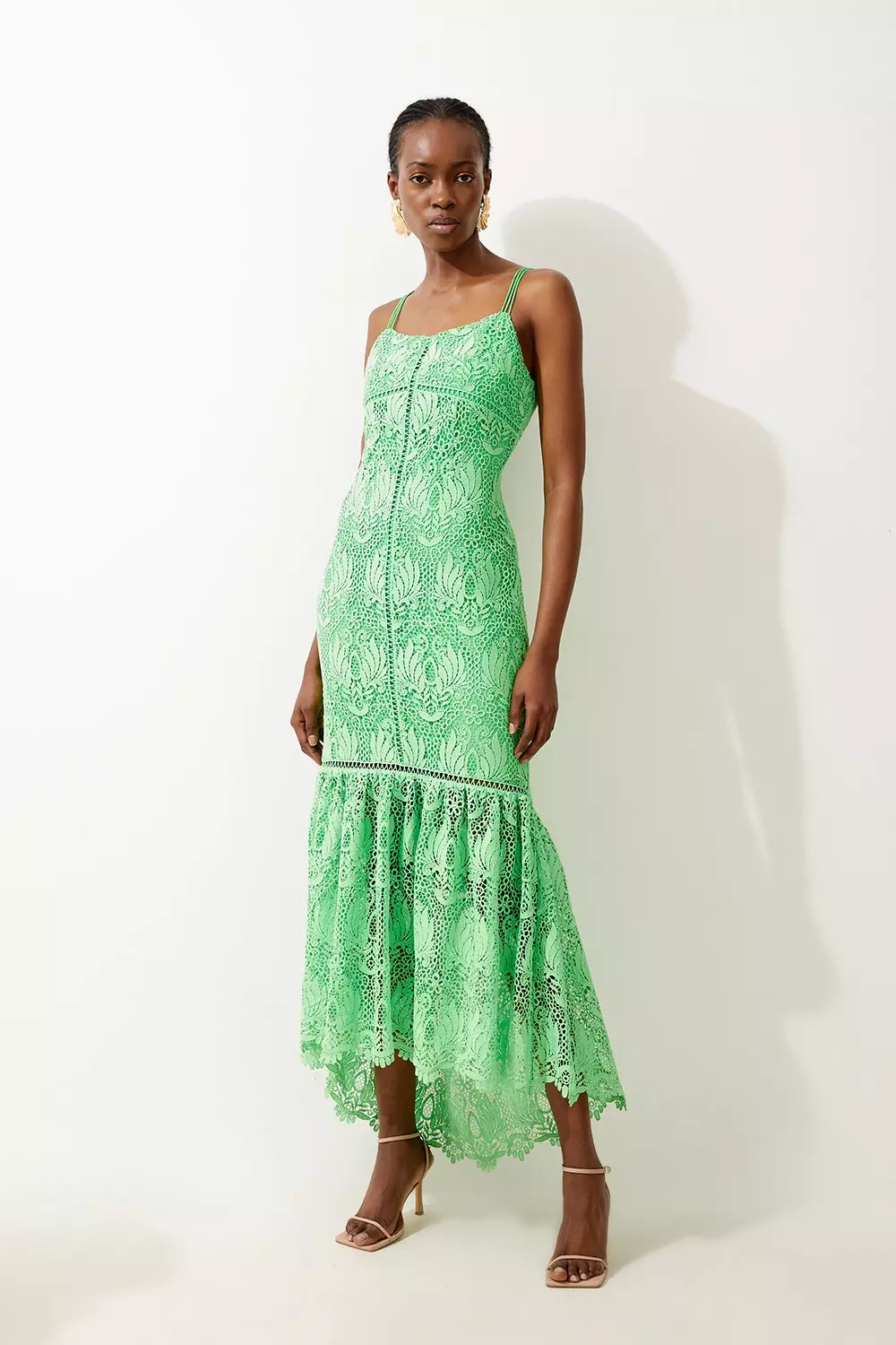 Petite Premium Satin Guipure Lace Strappy Maxi Dress Karen Millen