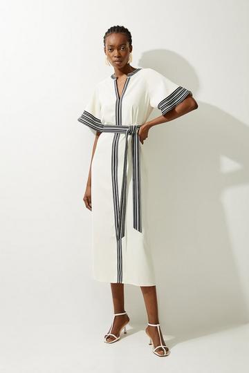 Ivory White Contrast Stripe Mono Twill Woven Belted Midi Dress