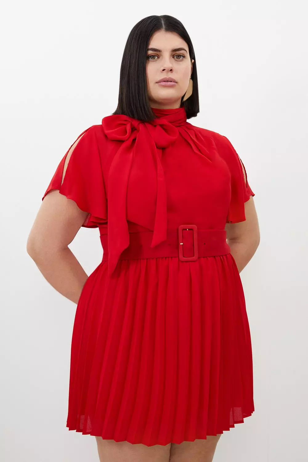 Plus Size Georgette Woven Tie Bow Neck Pleated Mini Dress | Karen Millen