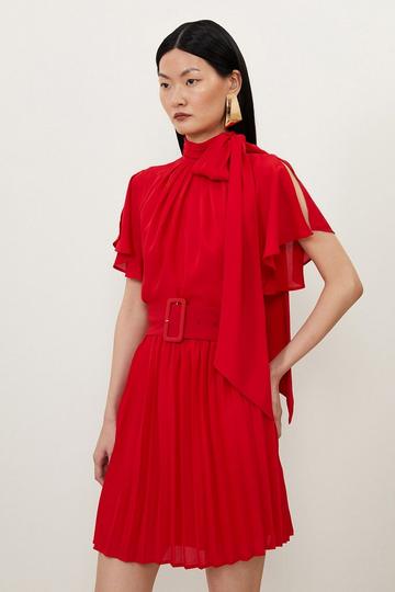 Red Petite Georgette Woven Mini Tie Bow Neck Pleated Mini Dress