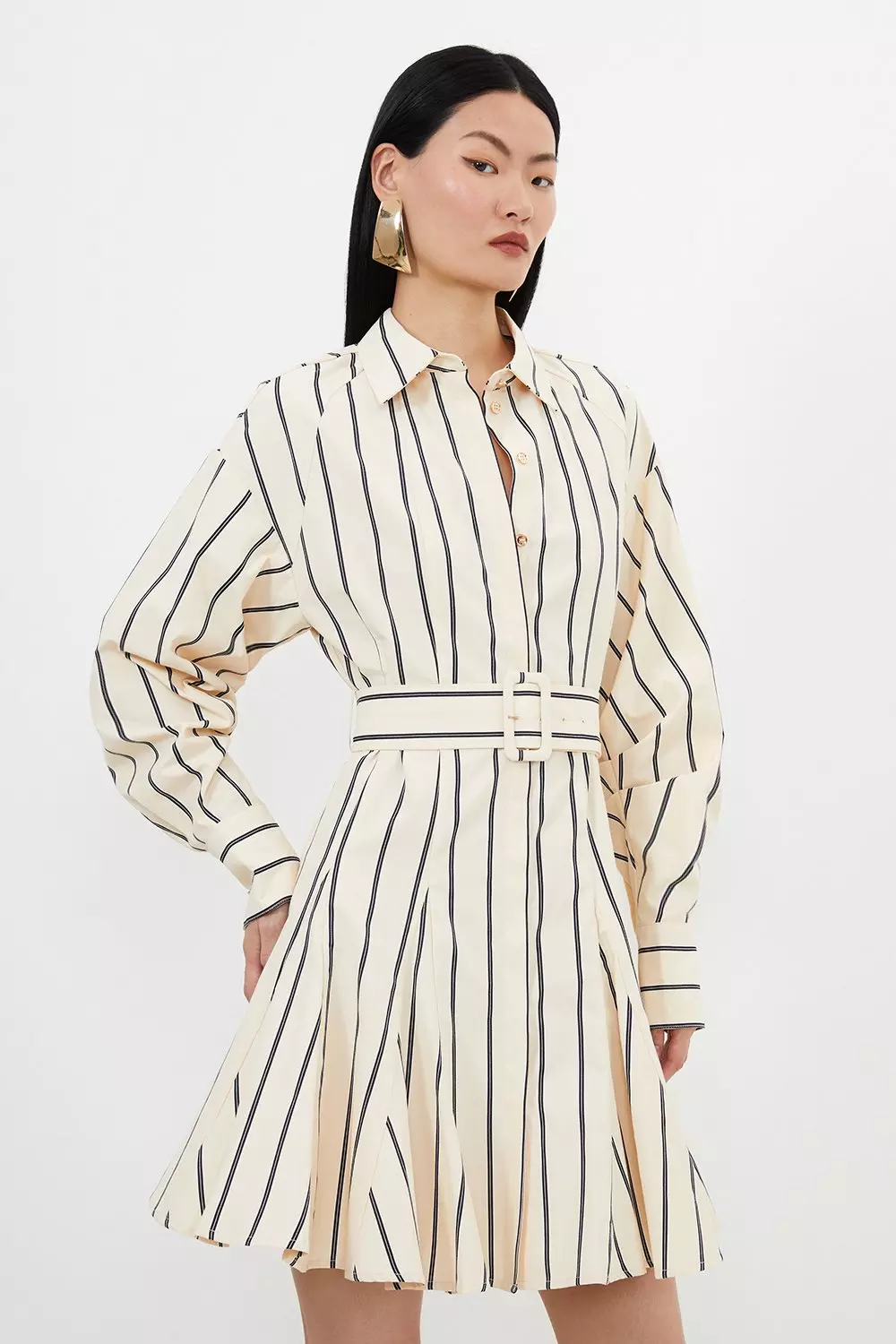 Cotton Stripe Godet Insert Woven Shirt Dress Karen Millen