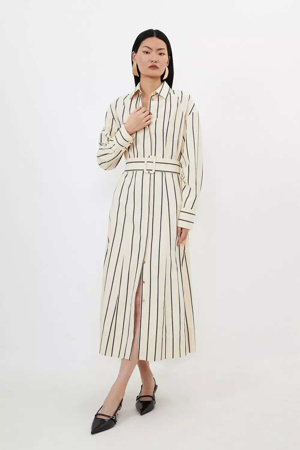 Cotton Stripe Belted Woven Shirt Dress Karen Millen