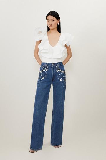 Blue Hand Embellished Vintage Straight Leg Jean