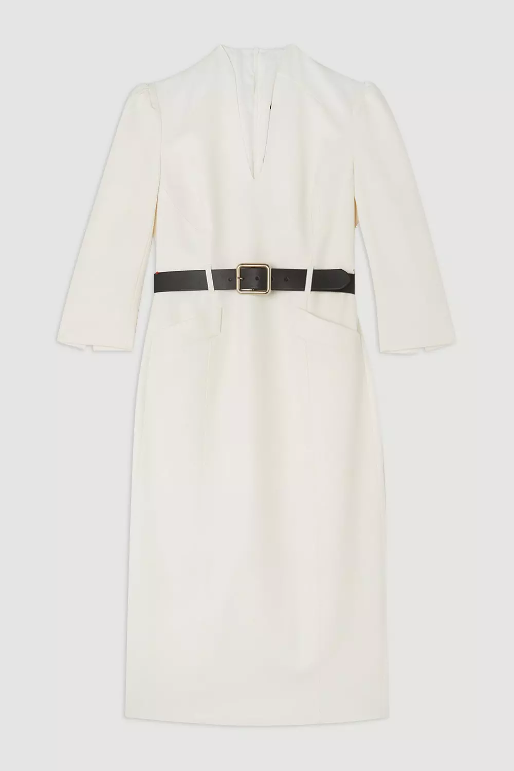 Tailored Structured Crepe High Neck Belted Pencil Dress