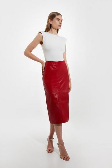 Leather Panel Pencil Midi Skirt red