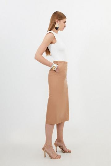 Leather Panel Pencil Midi Skirt tan