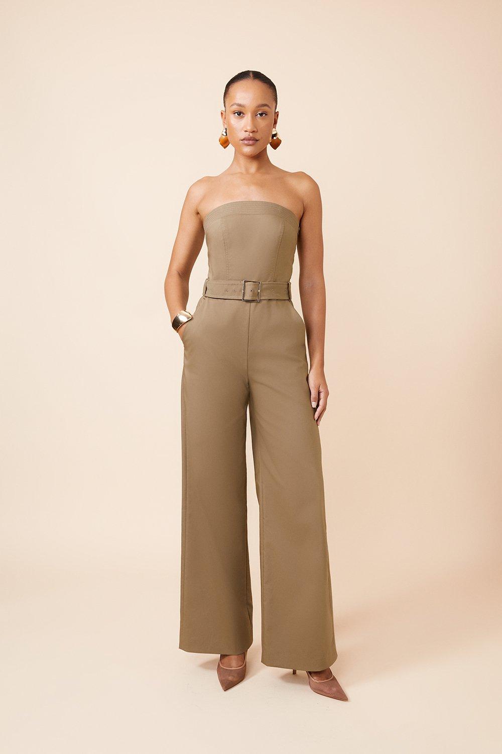 Cotton Sateen Belted Bandeau Tailored Wide Leg Jumpsuit | Karen Millen