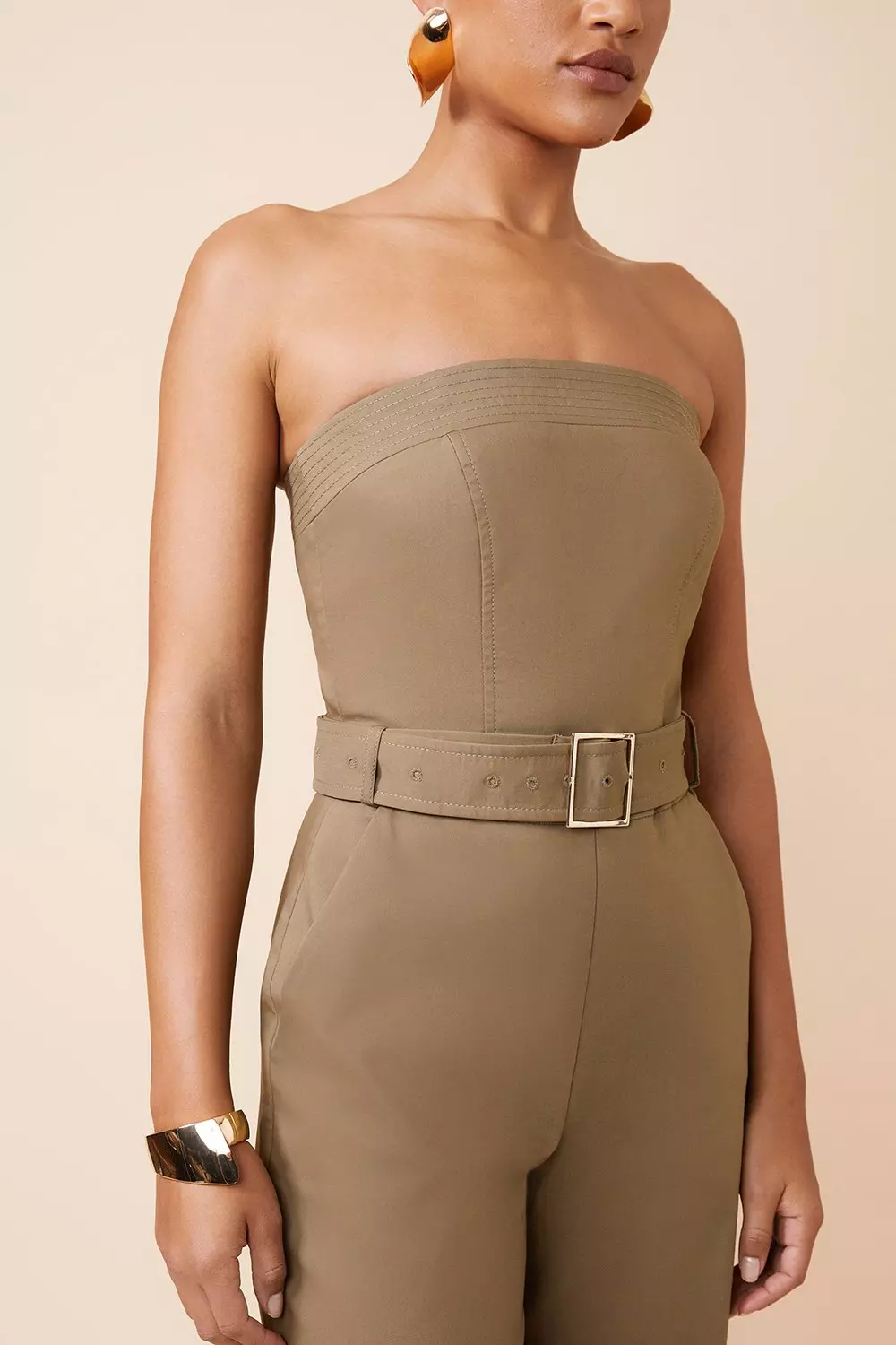 Cotton Sateen Belted Bandeau Tailored Wide Leg Jumpsuit | Karen Millen