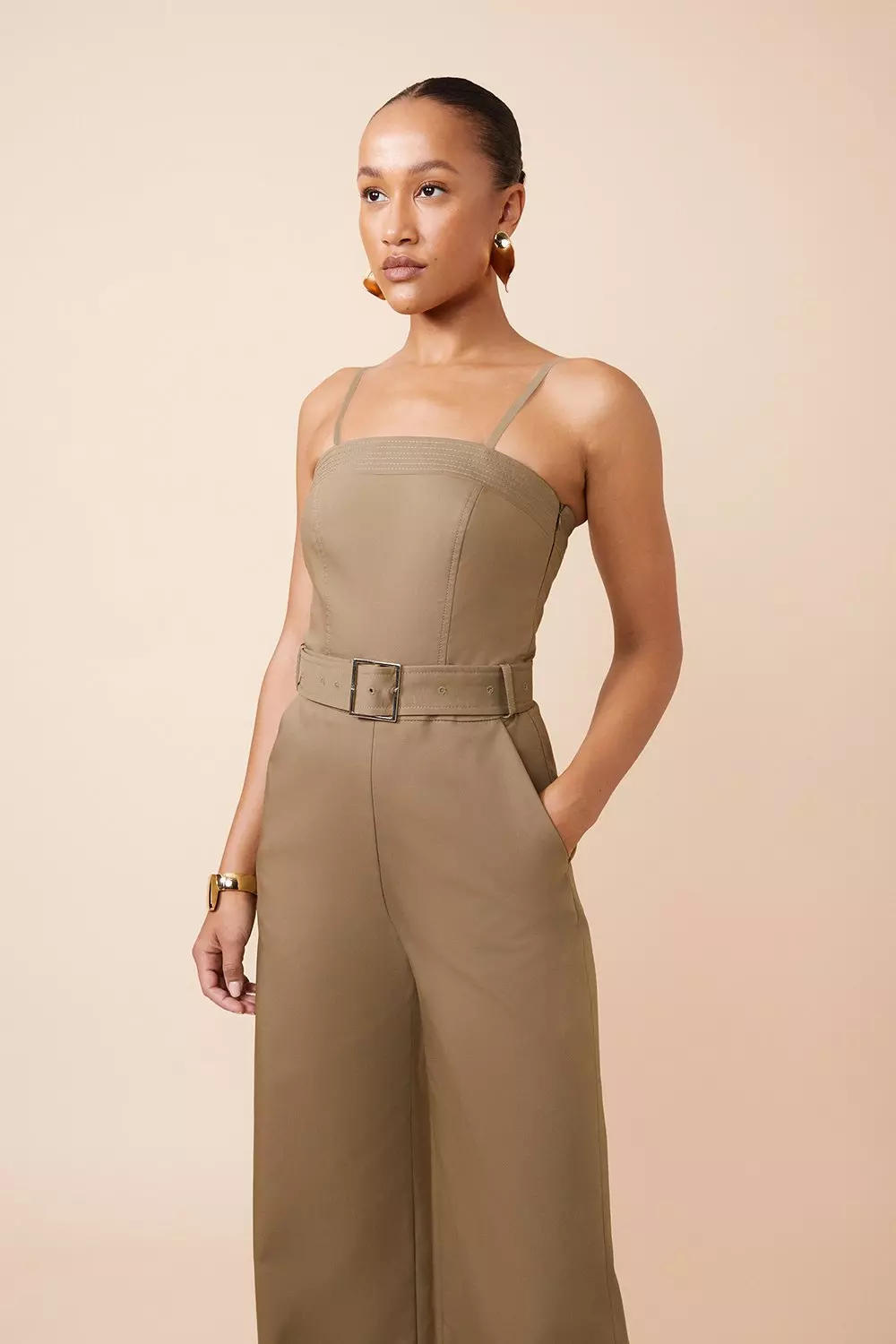 Cotton Sateen Belted Bandeau Tailored Wide Leg Jumpsuit | Karen Millen