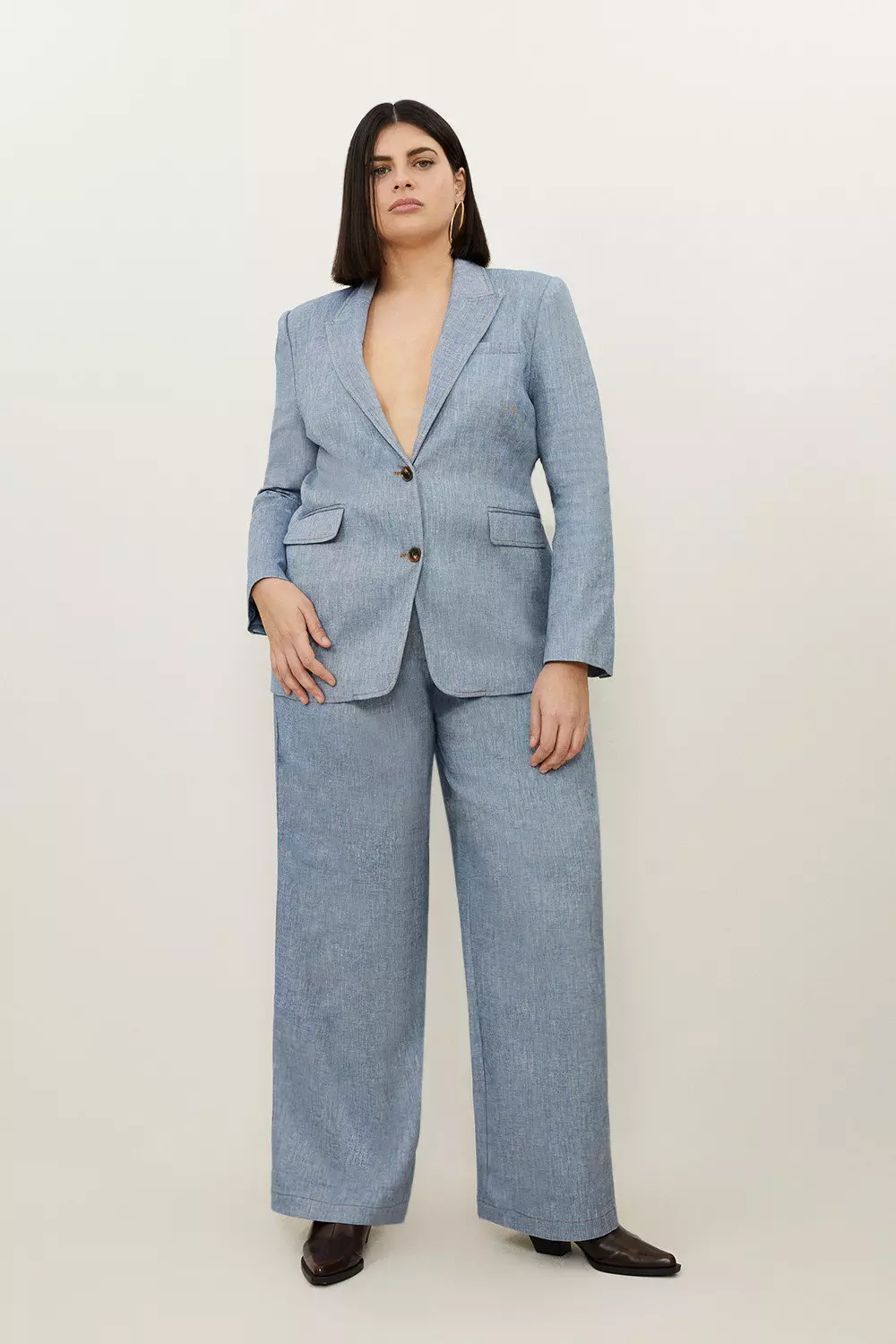 Plus Size Tailored Denim Look Linen Wide Leg Trousers Karen Millen