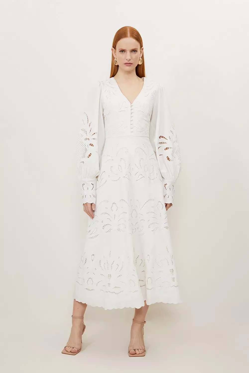 Mirrored Cutwork Plunge Woven Midi Dress | Karen Millen