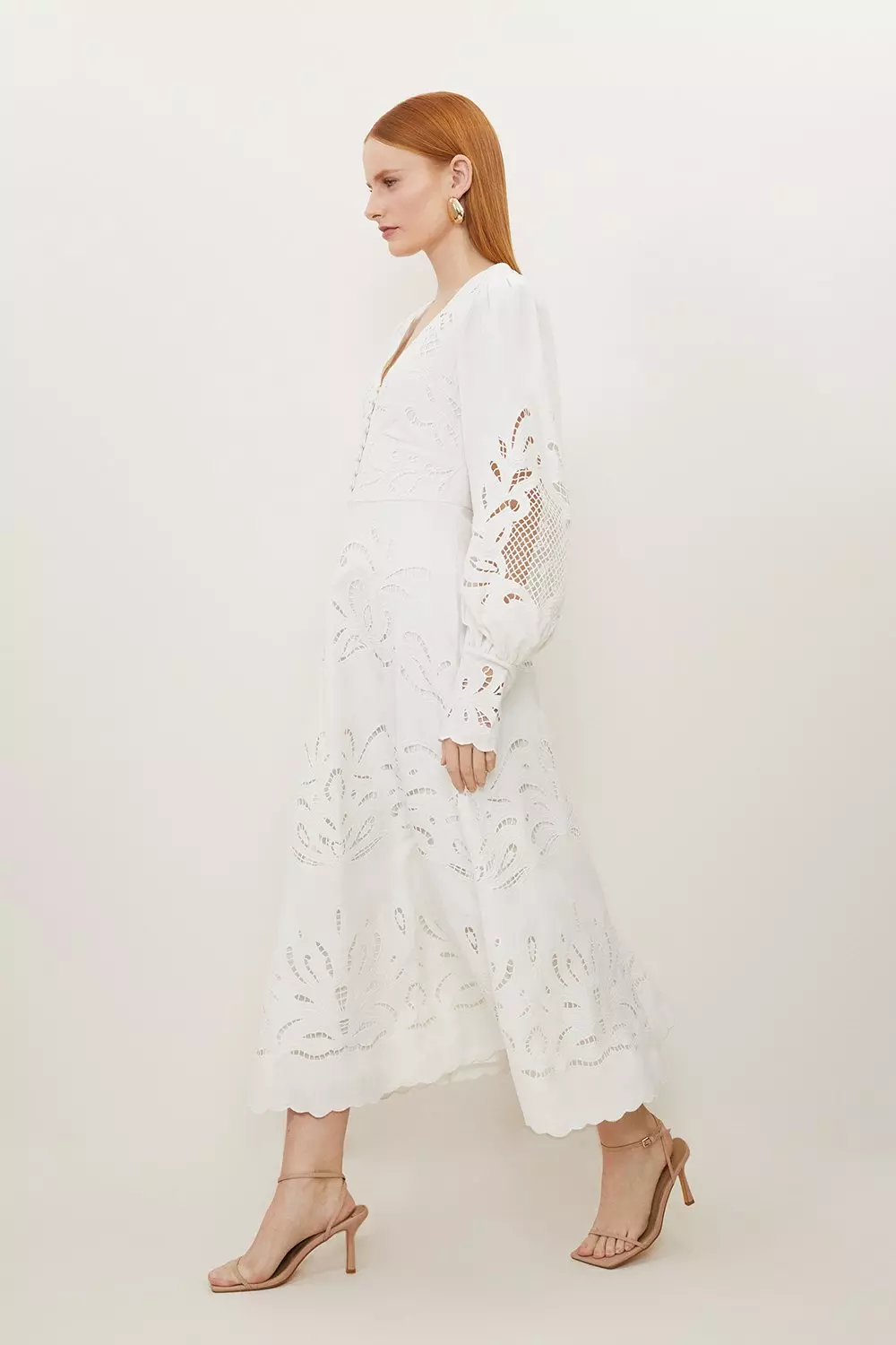 ★Karen Millen★ カットワーク刺繍 ミディウエディングスカート Mirrored Cutwork Plunge Woven Midi Dress | Karen Millen