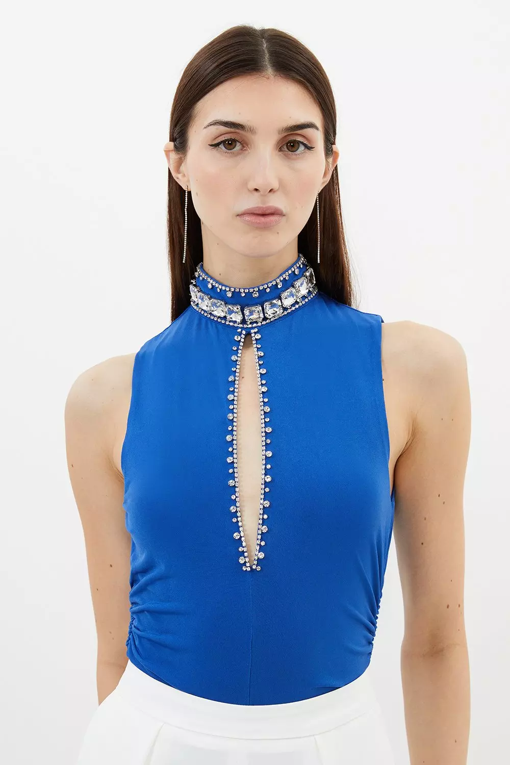 【KAREN MILLEN】ジャカード テーラード ストラップ ミディ ストライプ柄ミディスカート ZW COLLECTION - エクリュ/エンジ