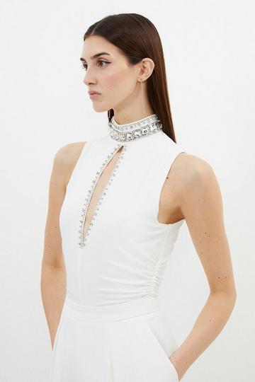 Embellished Detail Drapey Crepe Jersey Bodysuit ivory