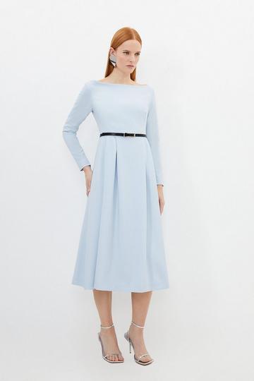 Compact Stretch Off Shoulder Full Skirt Tailored Midi Dress light blue